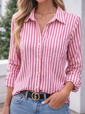 Women's Pink Striped Button-Down Shirt - Casual Collared Top